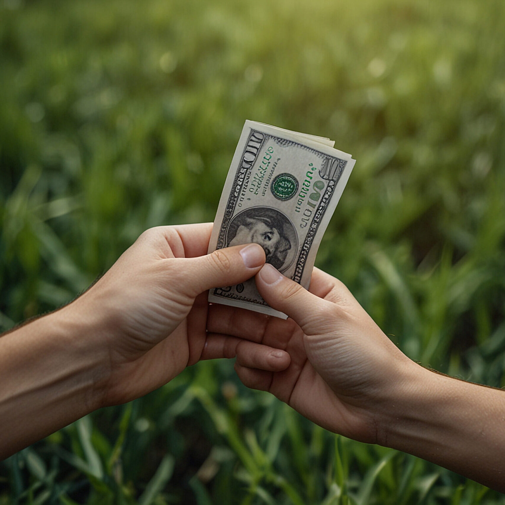 Money on hands in green field background