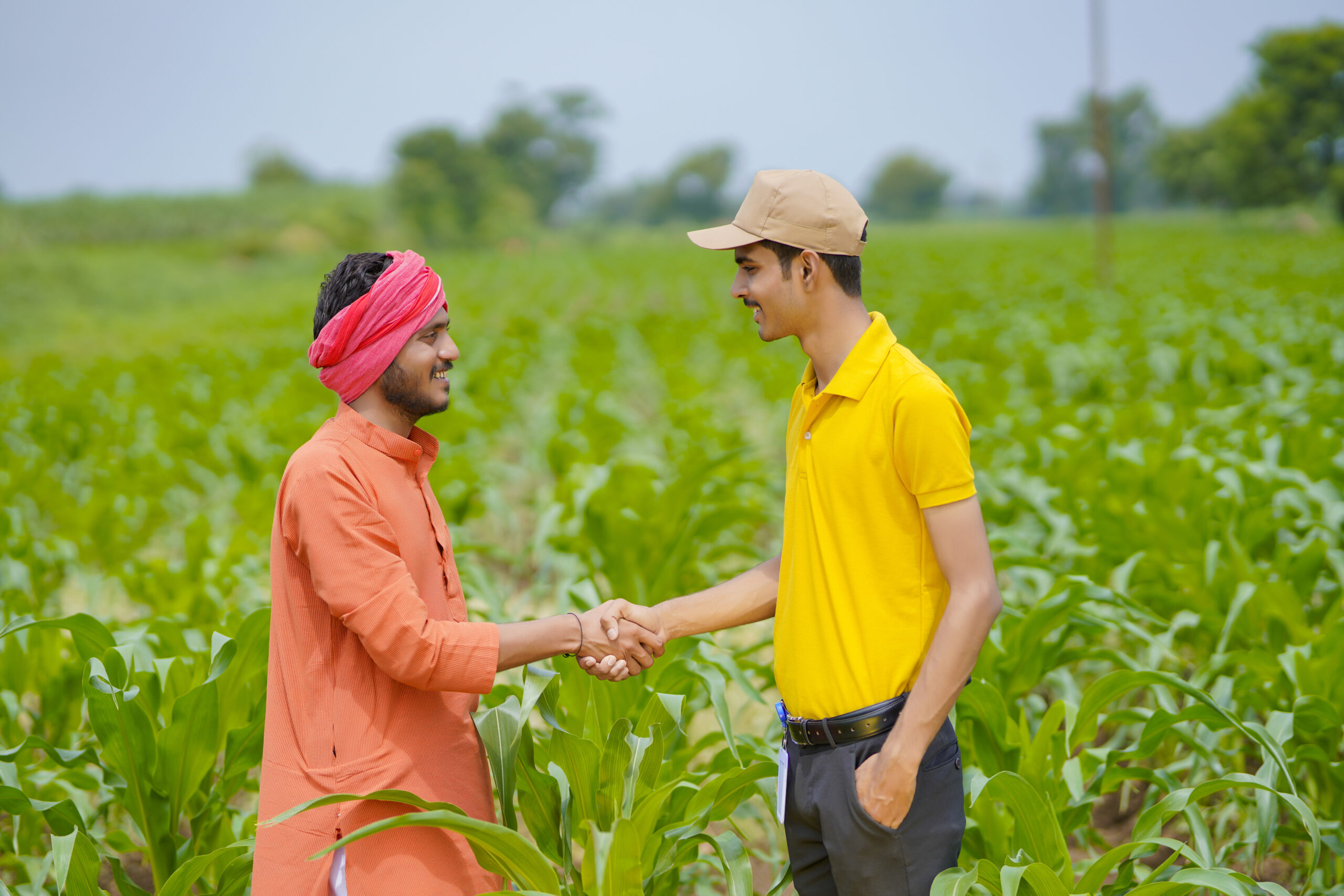 Young indian agronomist or banker shake hand with farmer at agriculture field.
